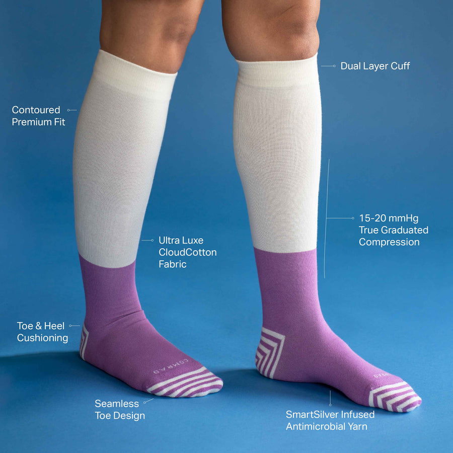 Side view of feet wearing a cotton compression socks in black-mulberry tencel colorblock