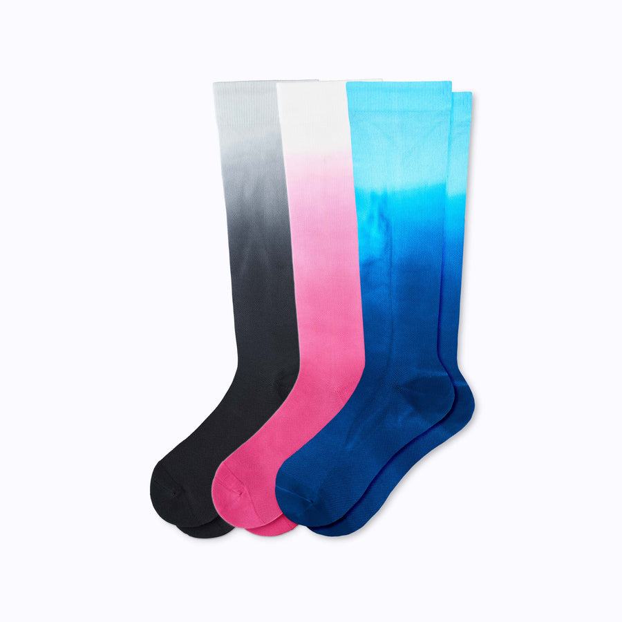 3-pack of knee-high compression socks in black ombre, berry ombre and teal ombre