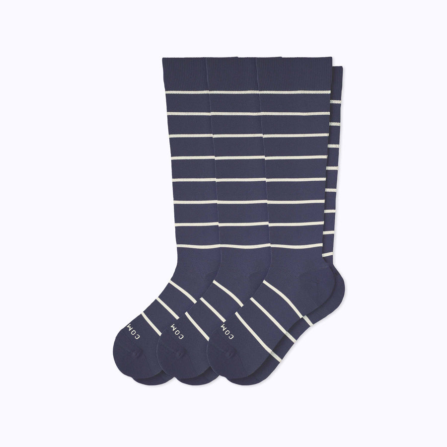 A 3-pack nylon knee high compression socks in navy-sand stripes