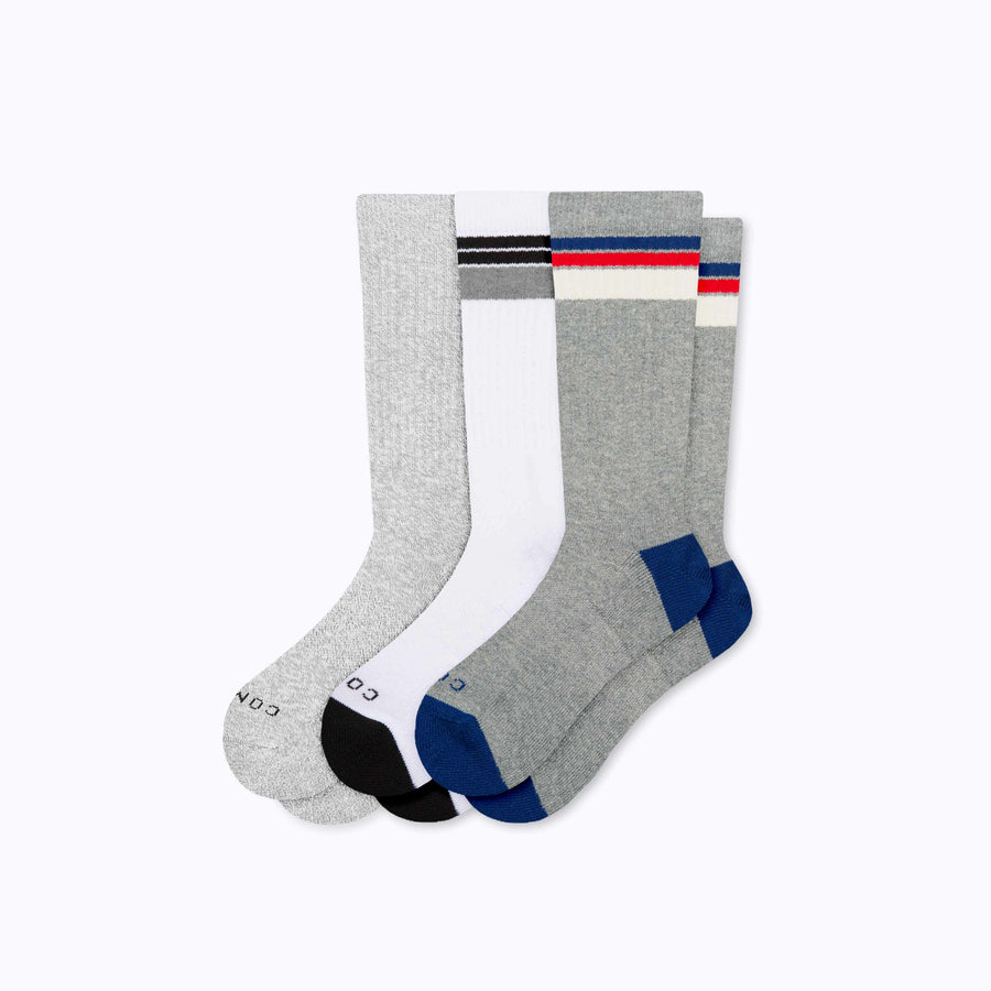 A 3-pack of cotton crew socks in black-grey-white stripe