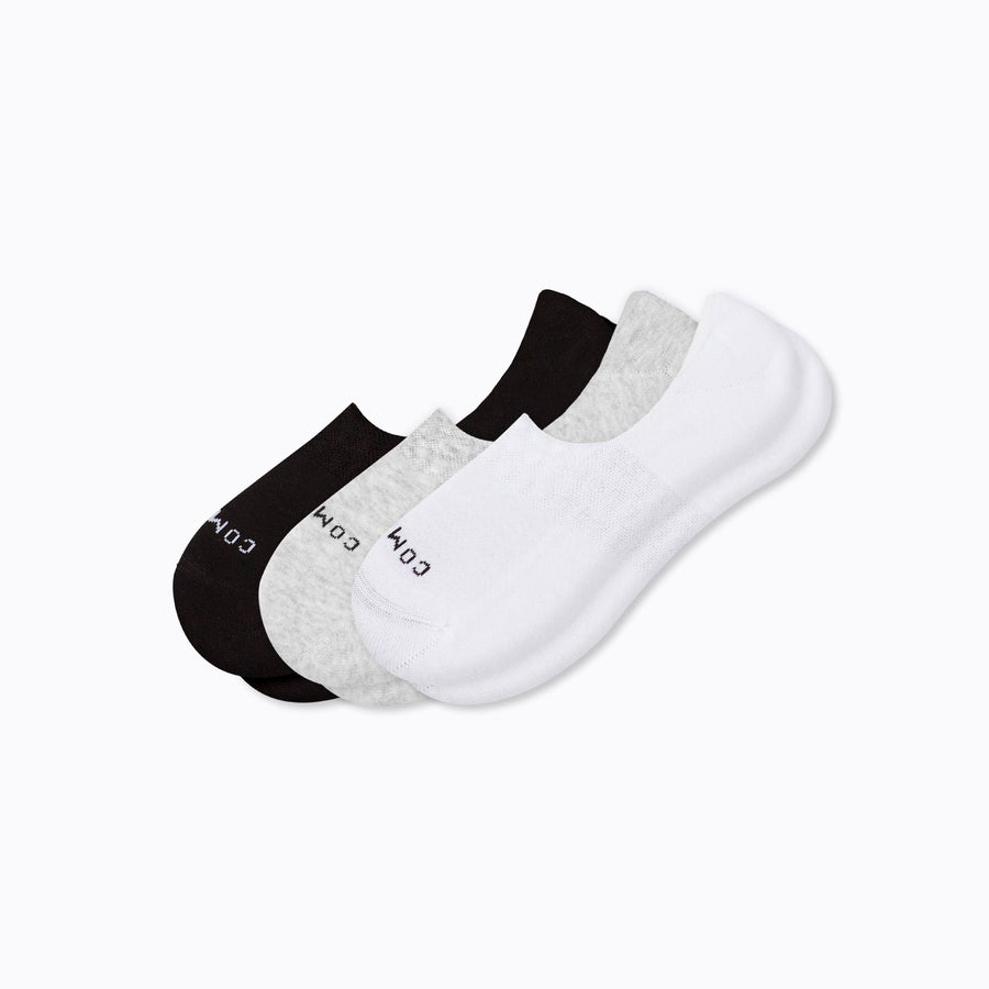 A 3 pack of combed cotton no show socks in black, heather grey, and white