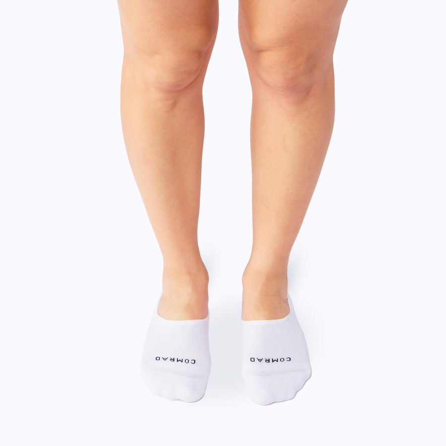 Front view  of feet wearing the combed cotton loafer liners in black, grey and white solid