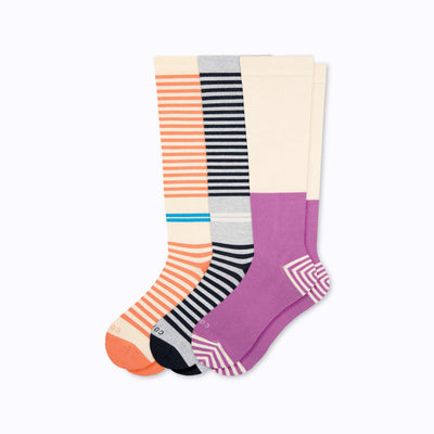 A 3-pack of cotton compression socks in grey-terra-cotta-mulberry tencel