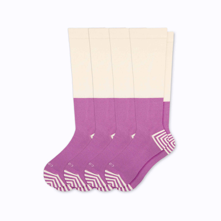 A 4-pack of cotton compression socks in cream-mulberry tencel colorblock