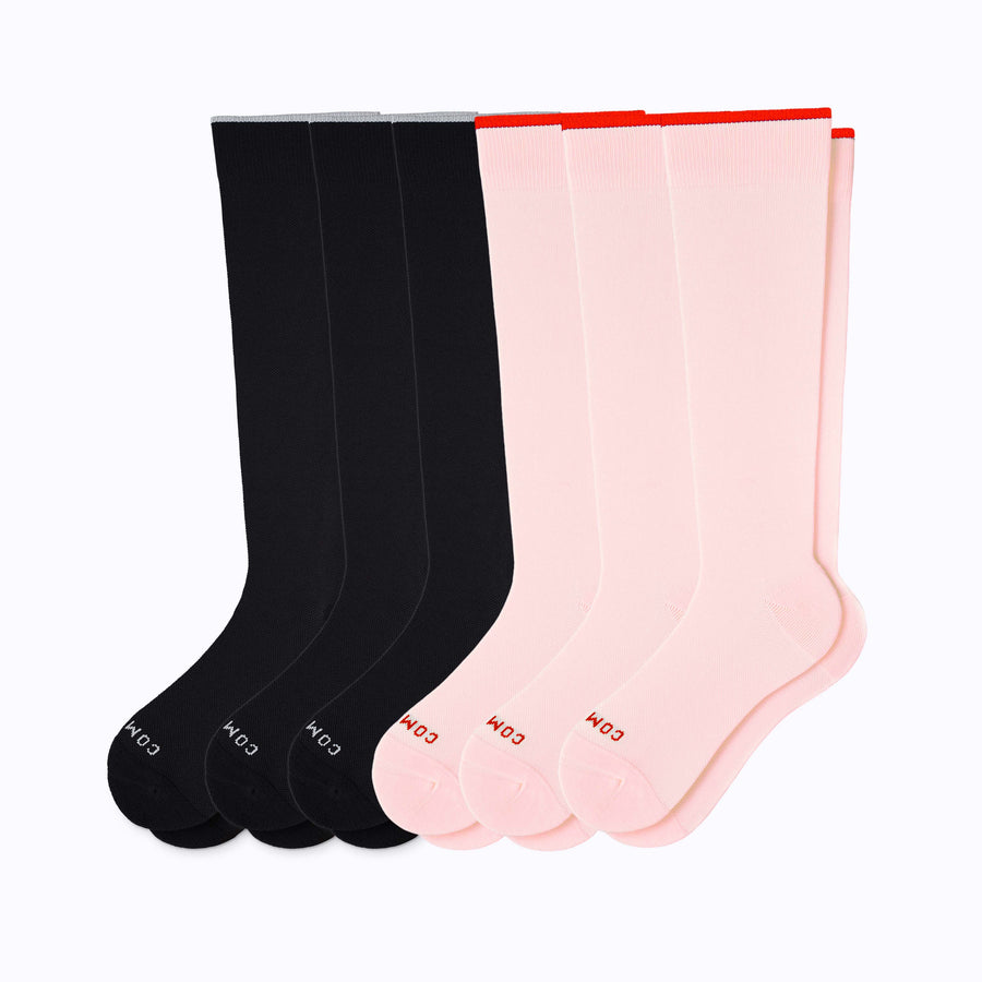 A 6-pack nylon knee high compression socks in black-rose solid