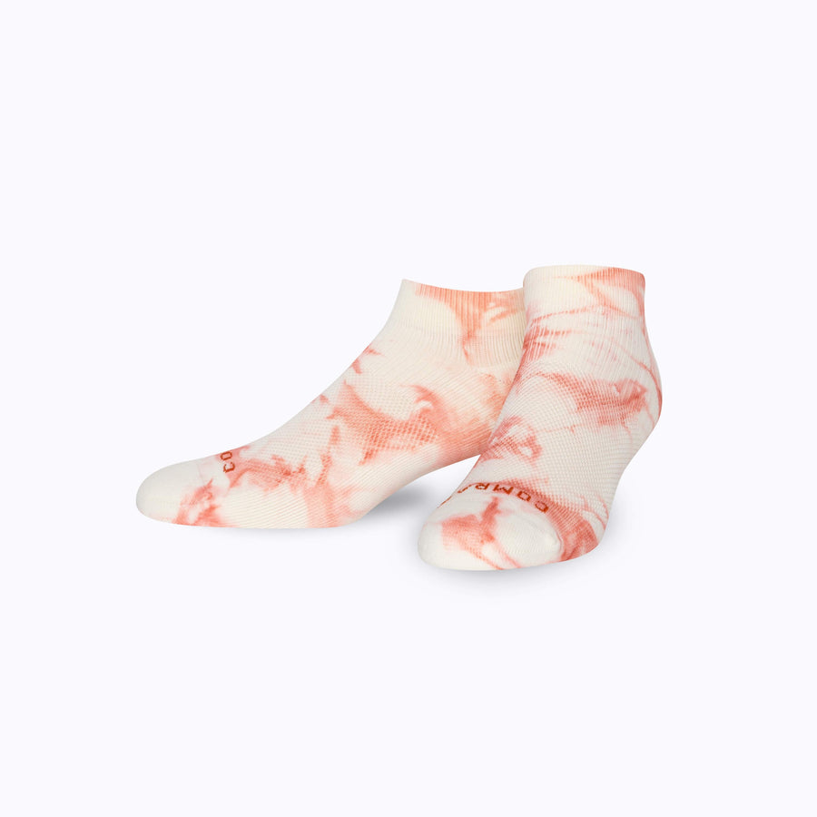 Front view of nylon ankle soks in terra-cotta tie-dye