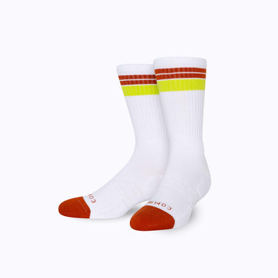 Front view of cotton crew socks in white-cinnamon stripes