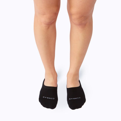 Front view of feet wearing the combed cotton loafer liners in black