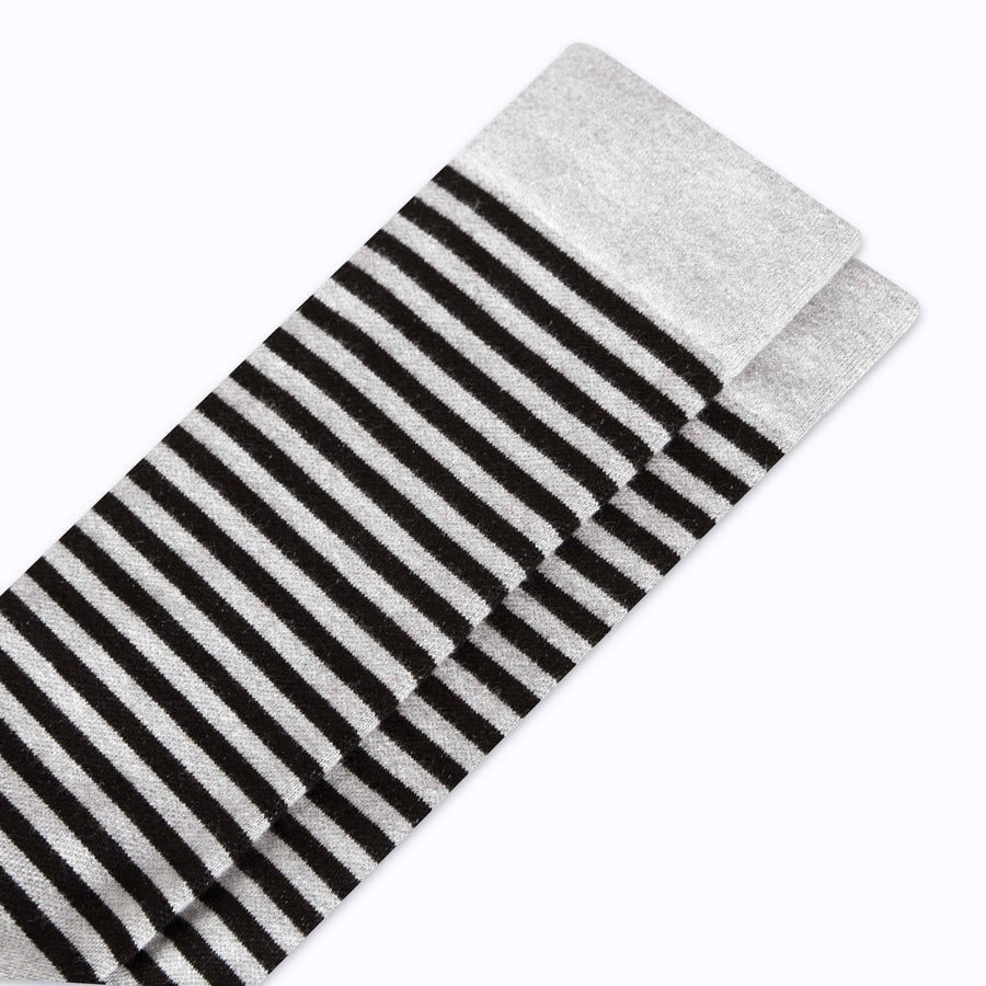Close up view of knee high cotton compression socks in grey-black tencel stripe