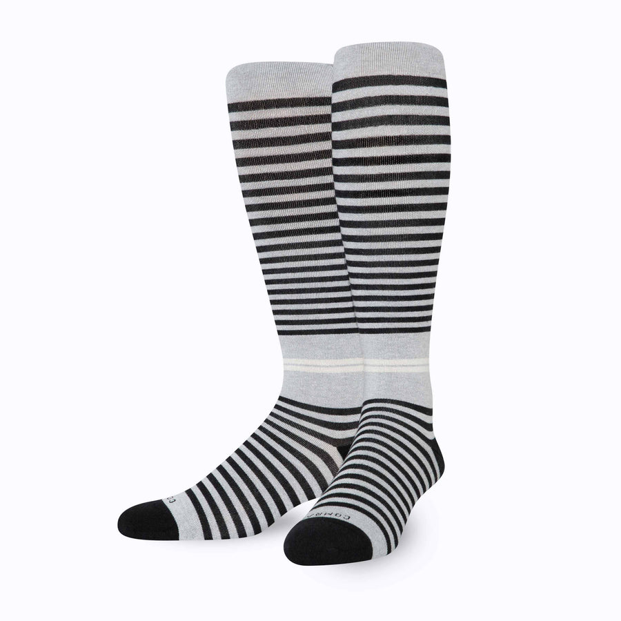  Front view of knee high cotton compression socks in grey-black tencel stripe
