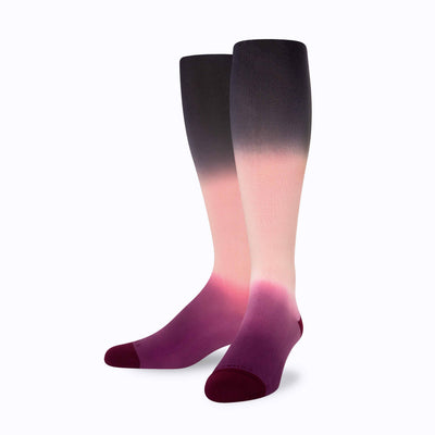 Front view of  knee high nylon socks in rose-potent-black double dip ombre