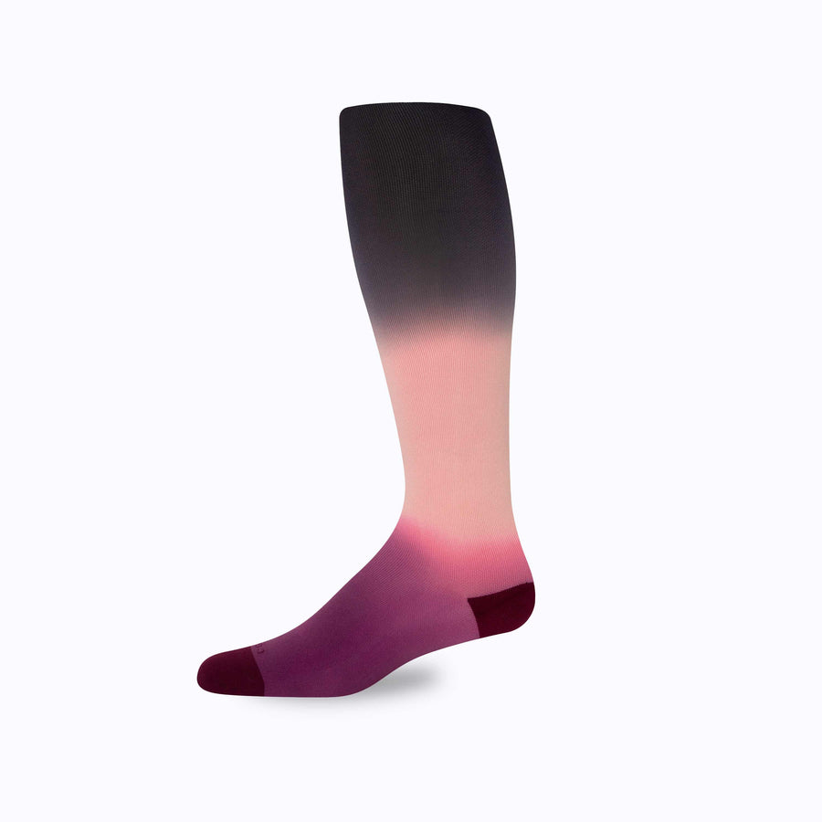 Side view of  knee high nylon socks in rose-potent-black double dip ombre