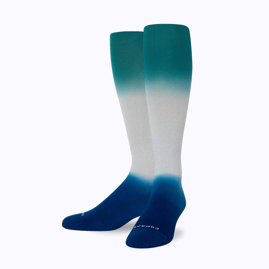 Front view of  knee high nylon socks in grey-navy-botanical double dip ombre