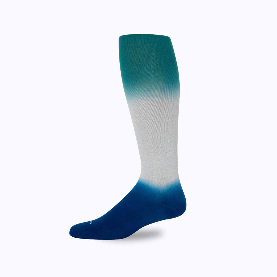 Side view of  knee high nylon socks in grey-navy-botanical double dip ombre