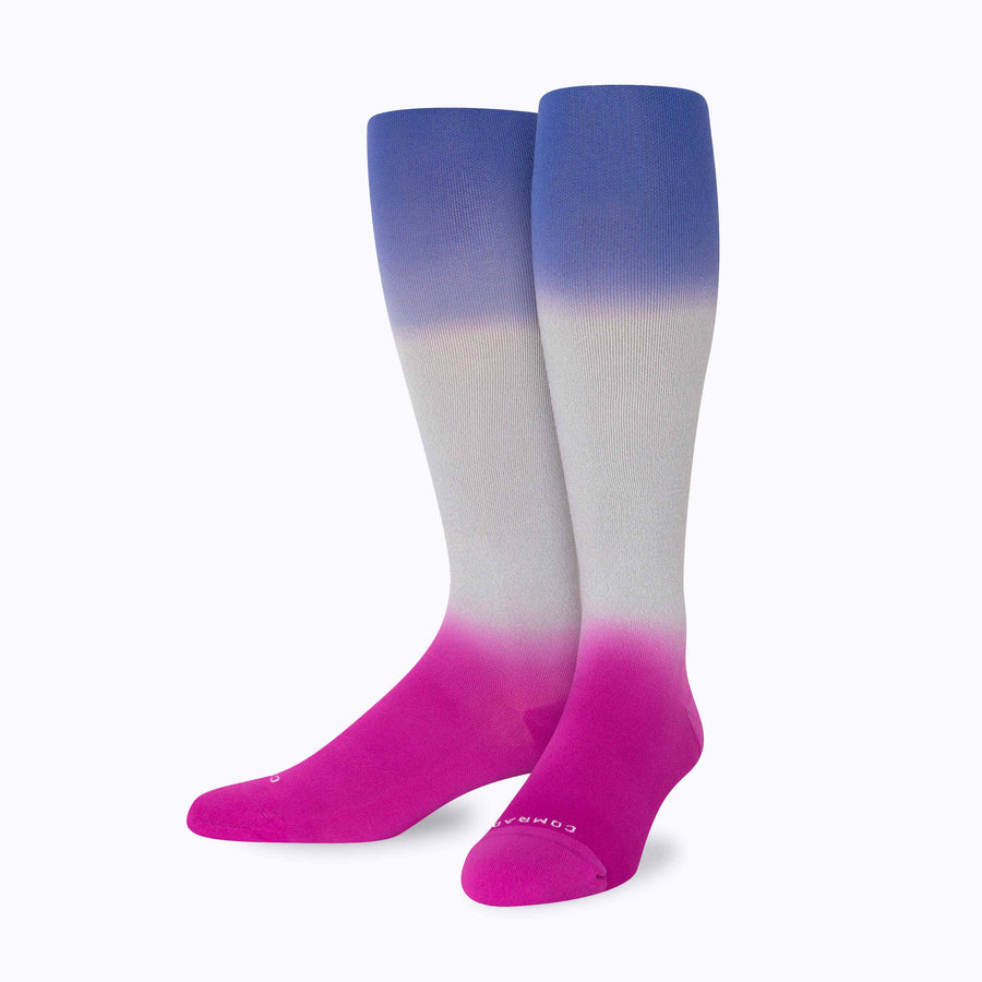 Front view of  knee high nylon socks in grey-aster-royal double dip ombre