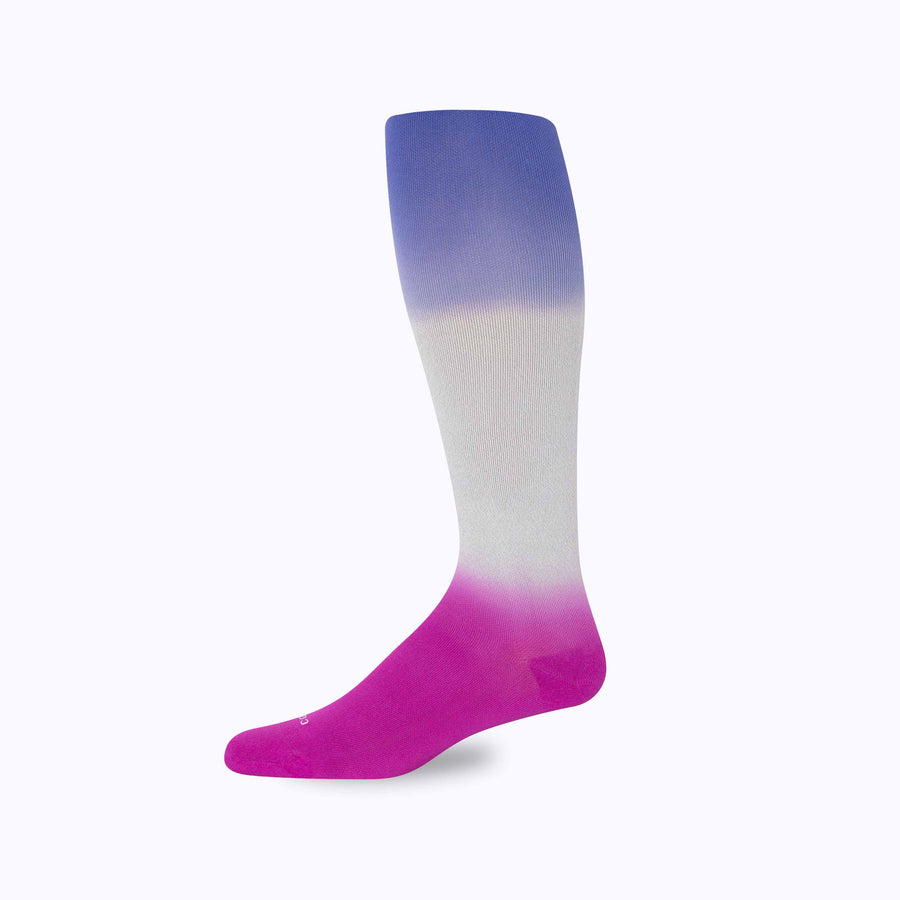 Side view of  knee high nylon socks in grey-aster-royal double dip ombre