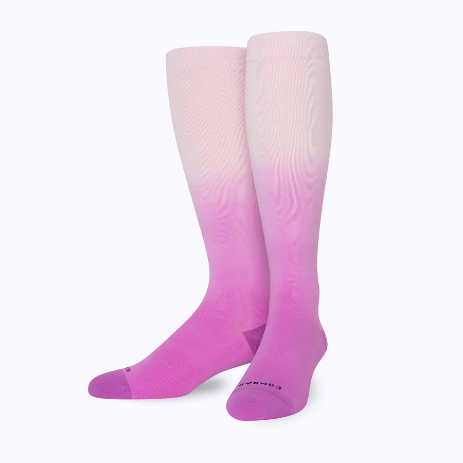 Front view of knee high nylon socks in lavender-mulberry ombre 