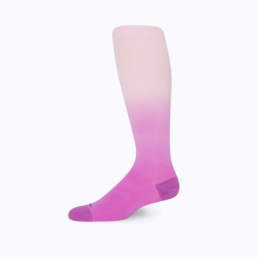 Side view of knee high nylon socks in lavender-mulberry ombre 